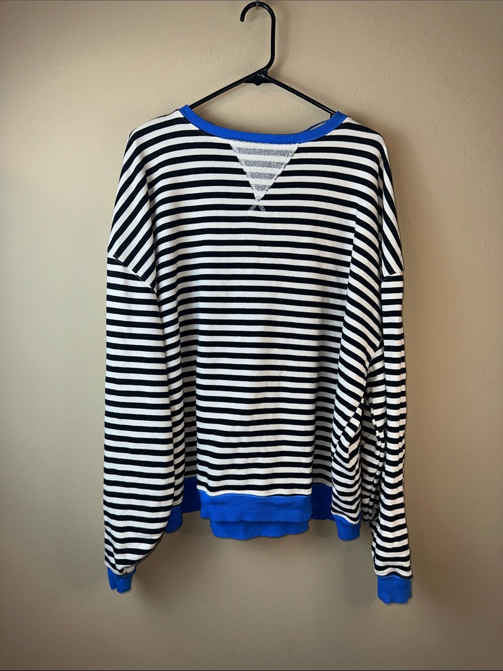 We The Free Black & White Striped Sweatshirt with Blue Trim
